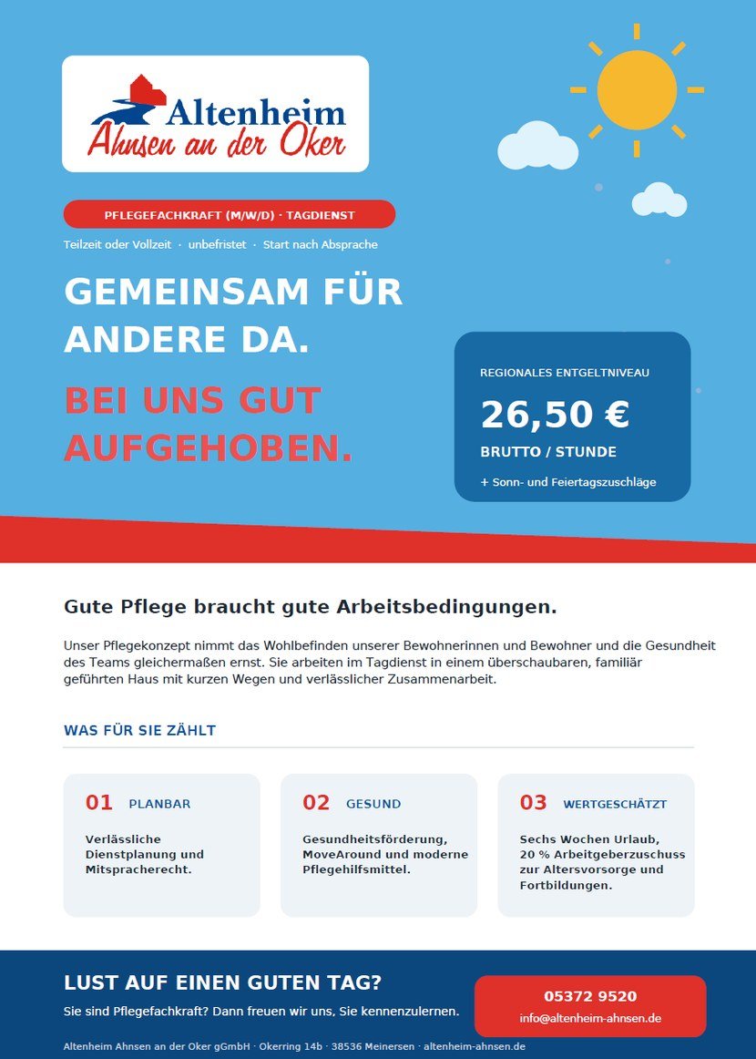 Pflegefachkraft (m/w/d) Tagdienst